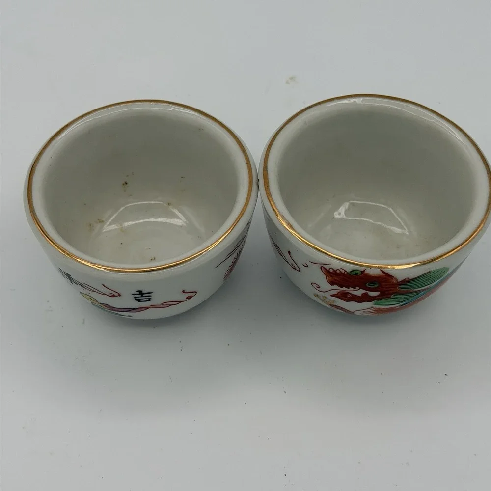 2 pieces 1970's Chinese Ceramic teacups 中囯制造 Handpainted Dragon P'heonix 龍鳳杯